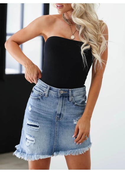 Asymmetric hem torn denim skirt