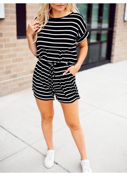 Black and white striped drawstring jumpsuit shorts