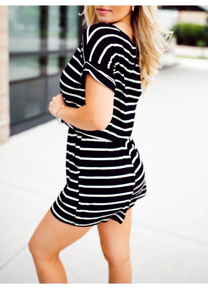 Black and white striped drawstring jumpsuit shorts