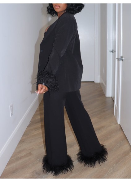 Black feather decorated suit pants set