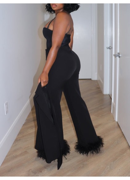 Black feather decorated suit pants set