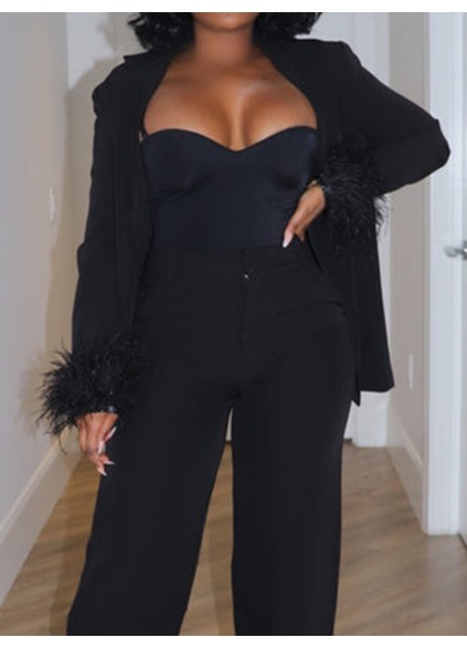 Black feather decorated suit pants set