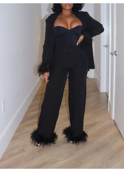 Black feather decorated suit pants set