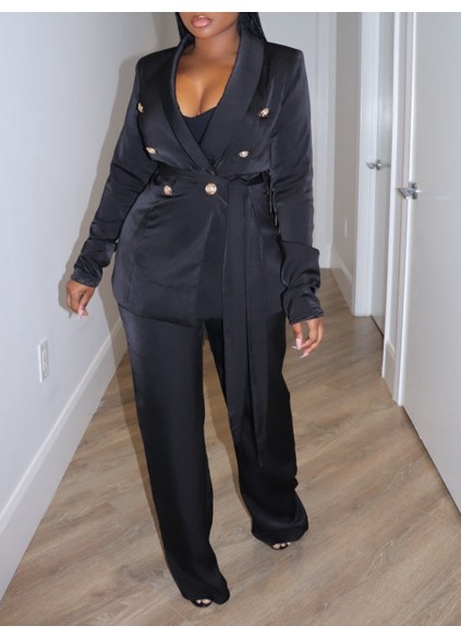 Black satin suit pants set