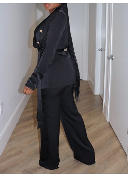 Black satin suit pants set