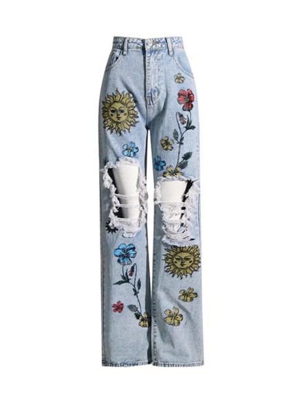 Blue printed denim pants
