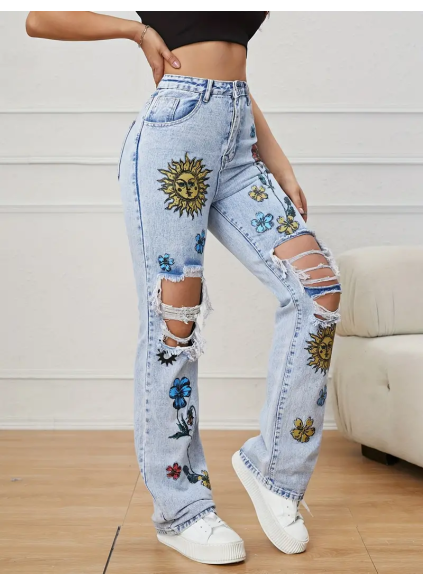 Blue printed denim pants
