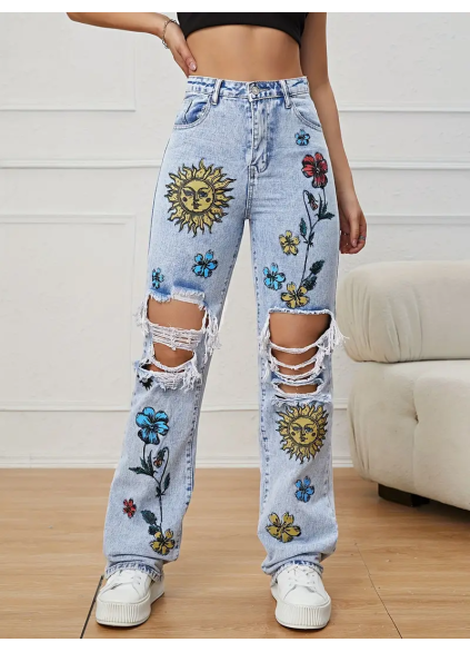 Blue printed denim pants