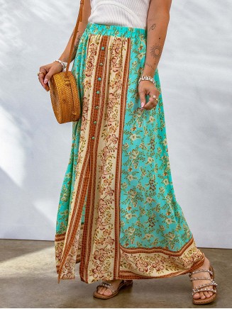 CONTRAST COLOR FLORAL PRINT BUTTON SLIT MAXI SKIRT
