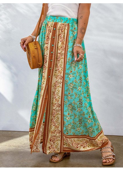 CONTRAST COLOR FLORAL PRINT BUTTON SLIT MAXI SKIRT