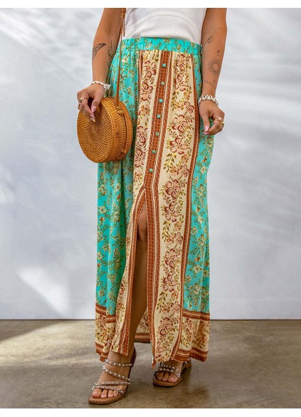 CONTRAST COLOR FLORAL PRINT BUTTON SLIT MAXI SKIRT