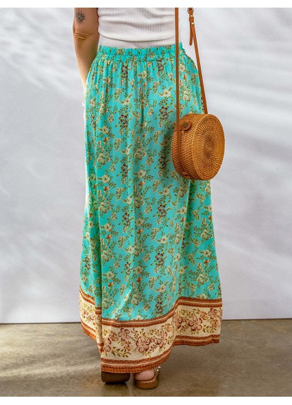 CONTRAST COLOR FLORAL PRINT BUTTON SLIT MAXI SKIRT