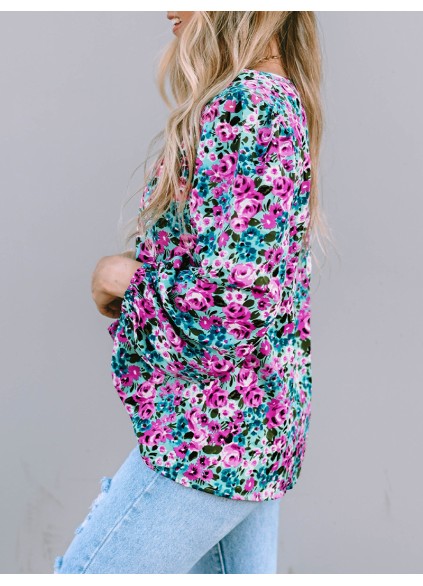 BOHO FLORAL PRINT V-NECK LONG SLEEVE BLOUSE