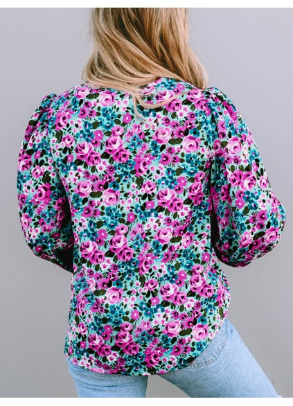 BOHO FLORAL PRINT V-NECK LONG SLEEVE BLOUSE