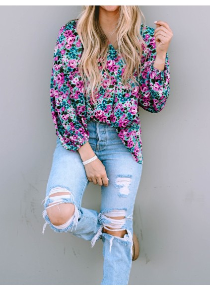 BOHO FLORAL PRINT V-NECK LONG SLEEVE BLOUSE