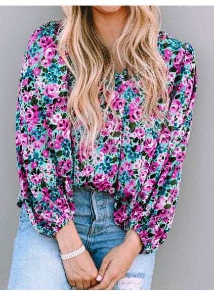 BOHO FLORAL PRINT V-NECK LONG SLEEVE BLOUSE