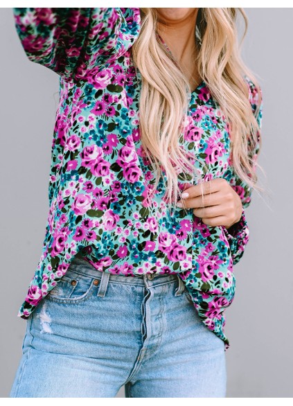 BOHO FLORAL PRINT V-NECK LONG SLEEVE BLOUSE