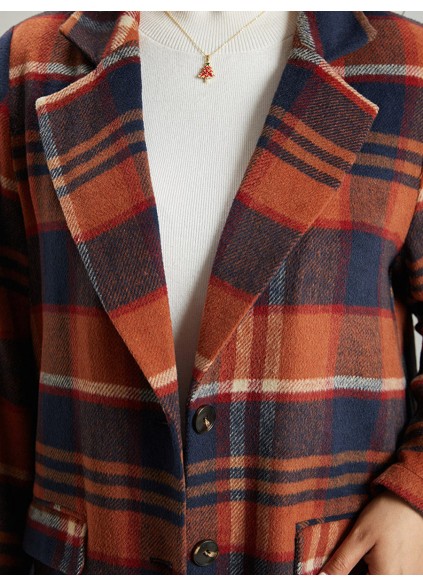 Brown ladies elegant plaid trench coat tweed coat