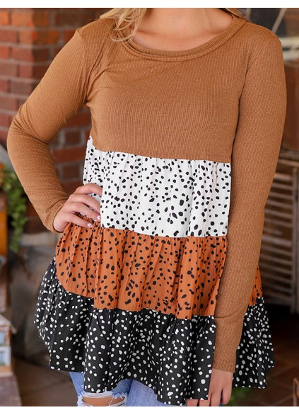 Brown round neck casual top with polka dot ruffle stitching