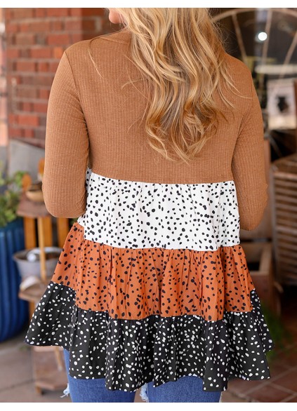 Brown round neck casual top with polka dot ruffle stitching