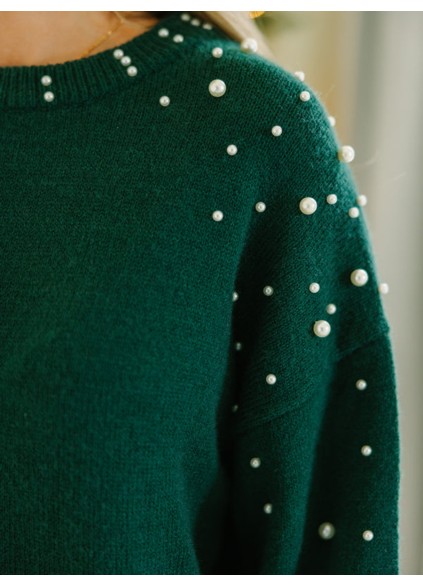 green pearl embellished sweater