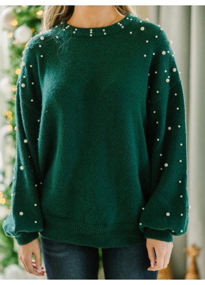 green pearl embellished sweater