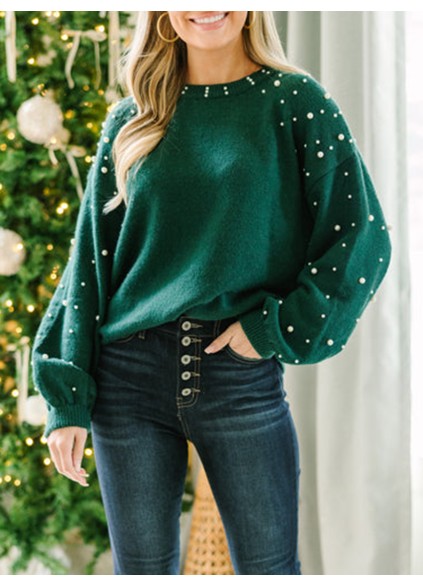 green pearl embellished sweater