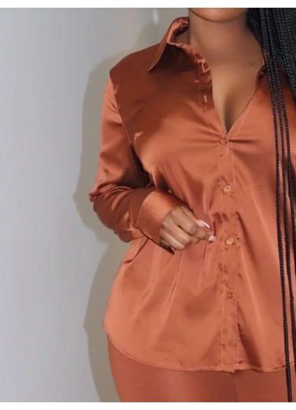Chocolate brown satin shirt pants set