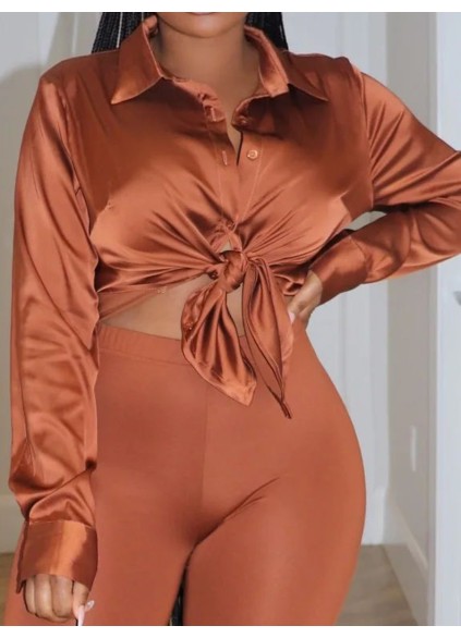 Chocolate brown satin shirt pants set