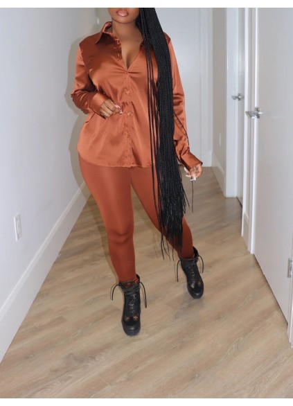 Chocolate brown satin shirt pants set