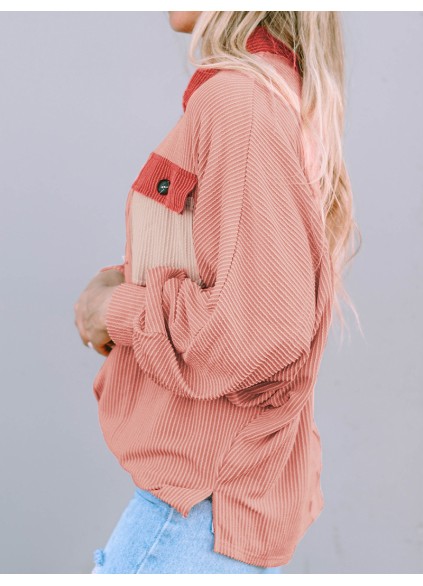 Contrast Corduroy Chest Pocket Button Top