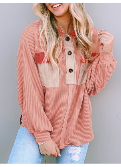 Contrast Corduroy Chest Pocket Button Top