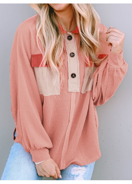 Contrast Corduroy Chest Pocket Button Top