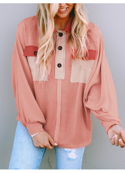Contrast Corduroy Chest Pocket Button Top