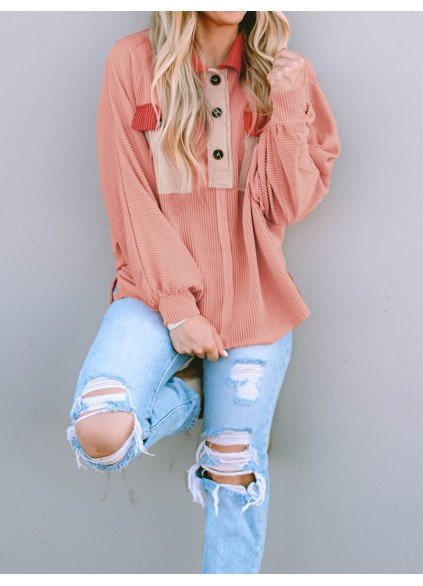 Contrast Corduroy Chest Pocket Button Top