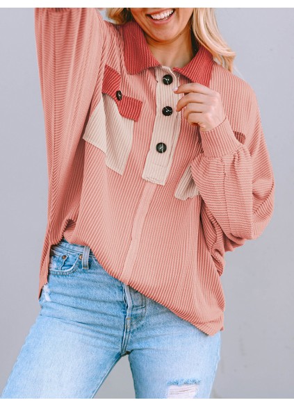 Contrast Corduroy Chest Pocket Button Top