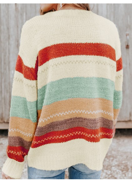 Crew Neck Drop-shoulder Striped Color Block Sweater