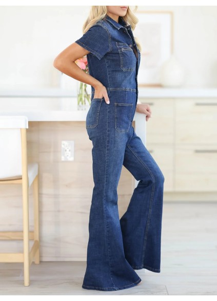 Dark washed short sleeved flared leg denim jumpsuit