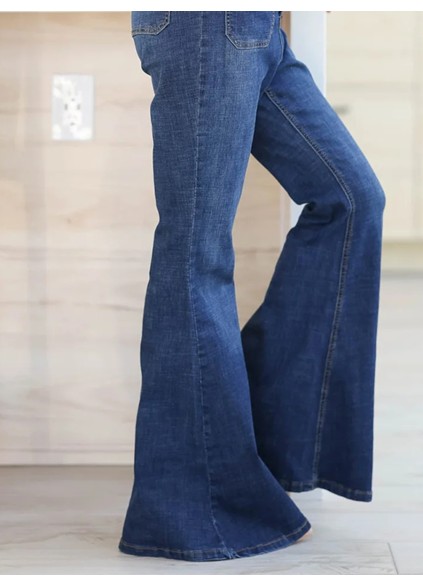 Dark washed short sleeved flared leg denim jumpsuit