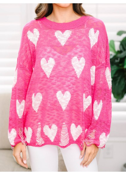 Pink Heart Print Sweater