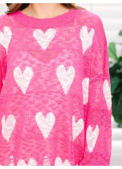Pink Heart Print Sweater