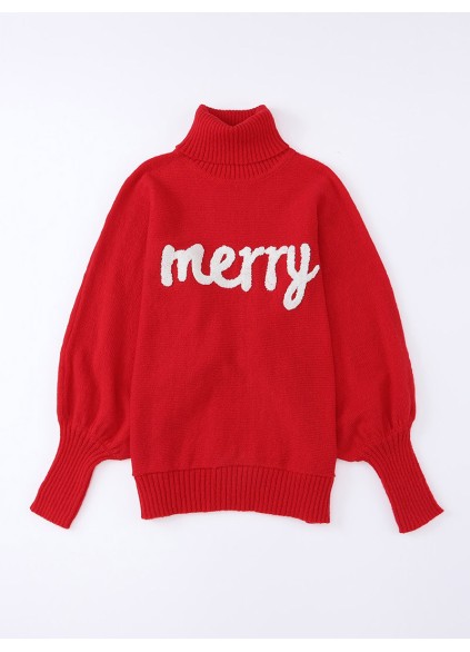 Fiery Red Merry Letter Embroidered High Neck Sweater