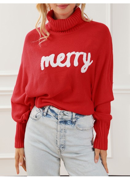 Fiery Red Merry Letter Embroidered High Neck Sweater