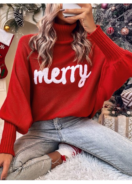 Fiery Red Merry Letter Embroidered High Neck Sweater