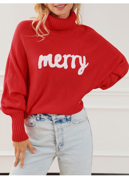 Fiery Red Merry Letter Embroidered High Neck Sweater