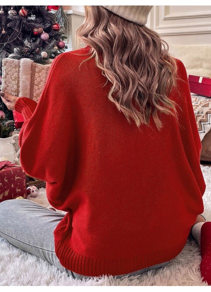 Fiery Red Merry Letter Embroidered High Neck Sweater