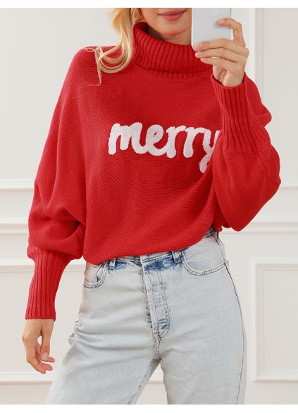 Fiery Red Merry Letter Embroidered High Neck Sweater