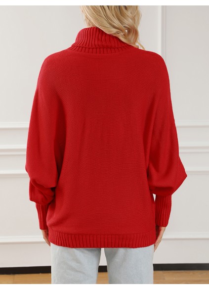 Fiery Red Merry Letter Embroidered High Neck Sweater