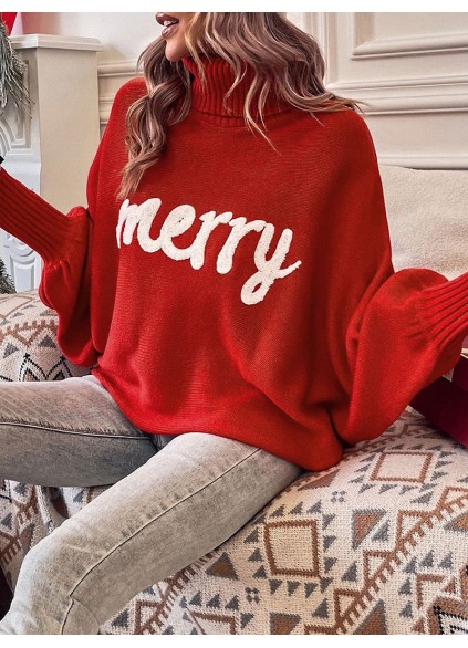 Fiery Red Merry Letter Embroidered High Neck Sweater