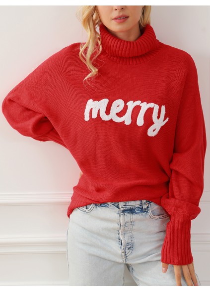 Fiery Red Merry Letter Embroidered High Neck Sweater